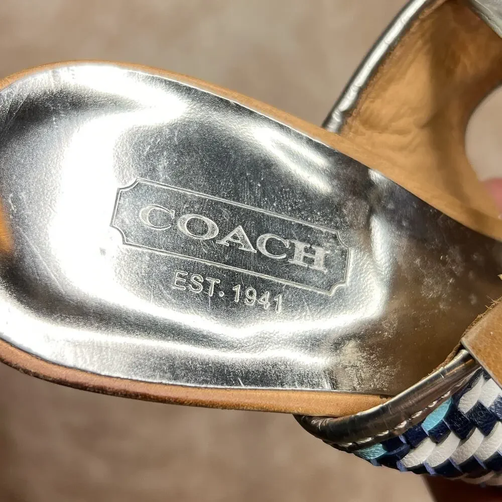 Coach Steffi Heels Pumps Slingback Woven Open Toe Sandals Silver Metallic Blue